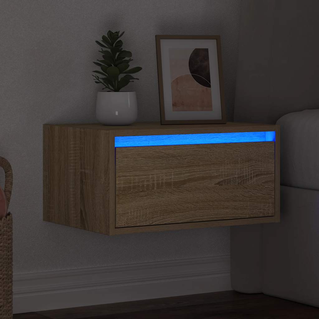 Wall-mounted bedside table with LED lights Sonoma oak