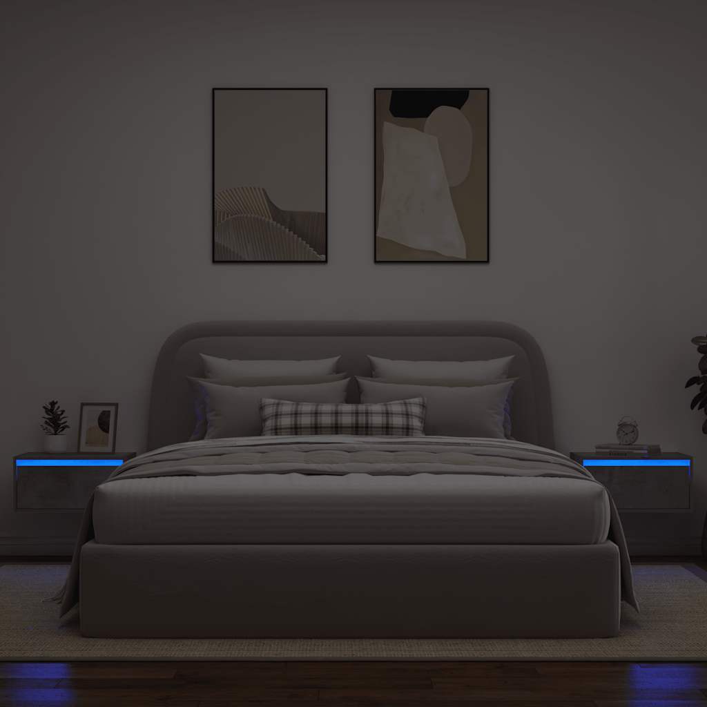 Wall-mounted bedside tables with LED lights 2 pcs. Concrete grey