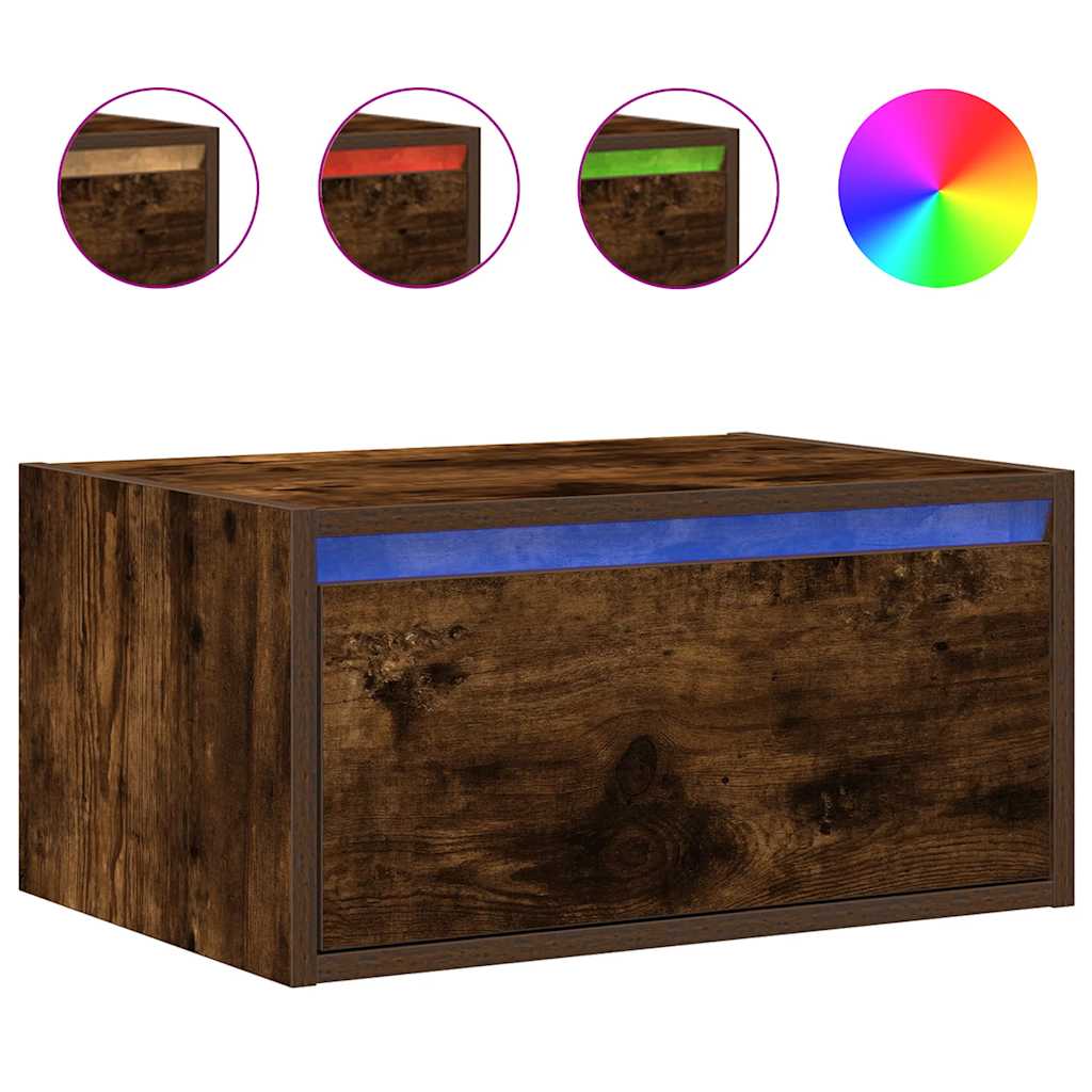 Table de chevet murale avec lumières LED chêne fumé