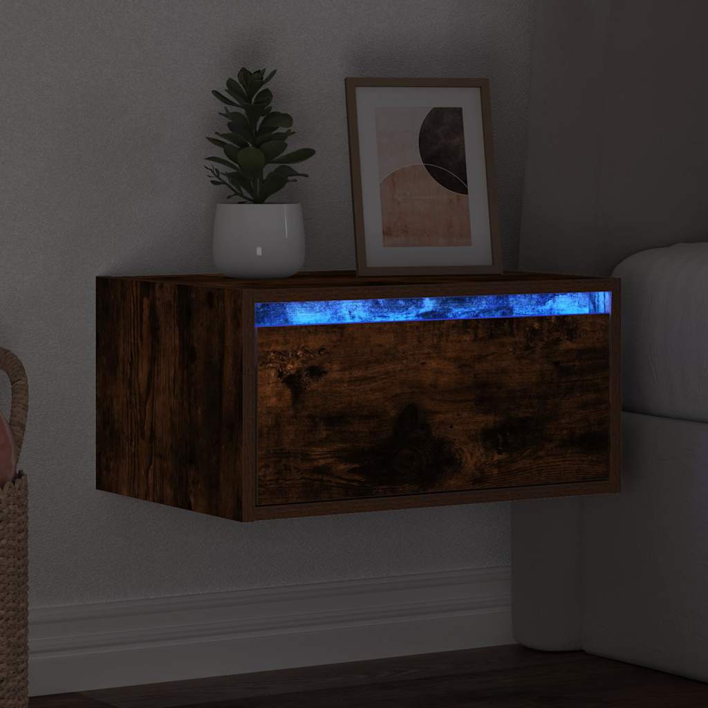 Table de chevet murale avec lumières LED chêne fumé