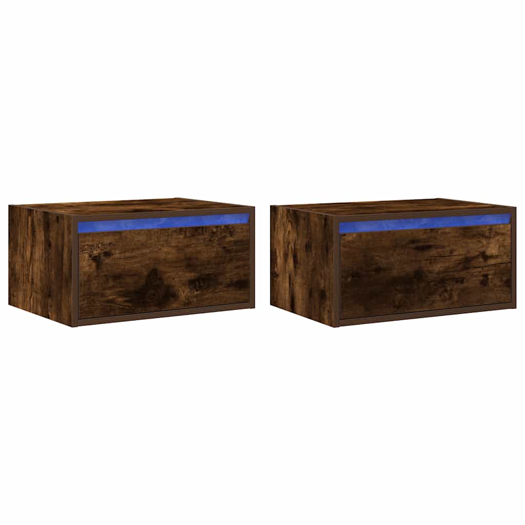 Wall-mounted bedside tables with LED lights 2 pcs. Smoked oak