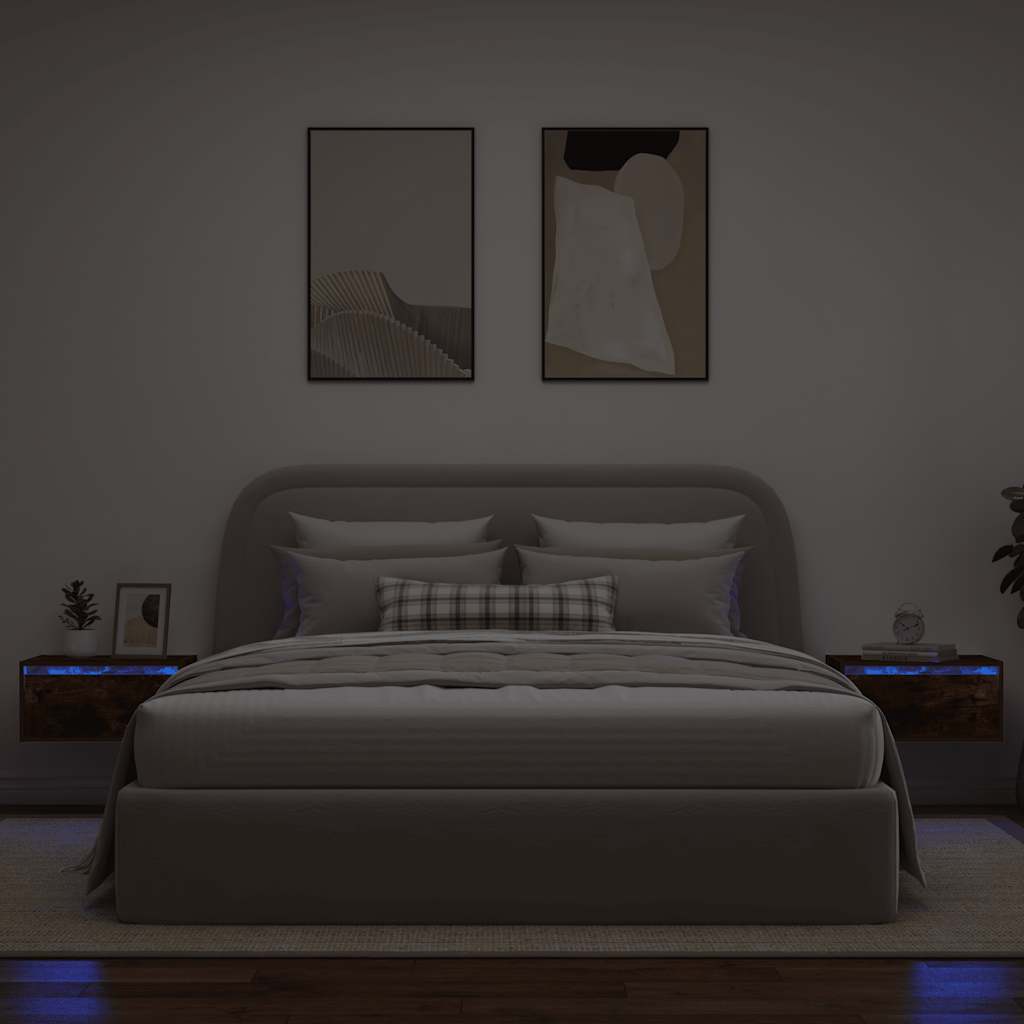 Wall-mounted bedside tables with LED lights 2 pcs. Smoked oak