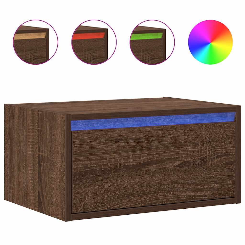Wall-mounted bedside table with LED lights brown oak look