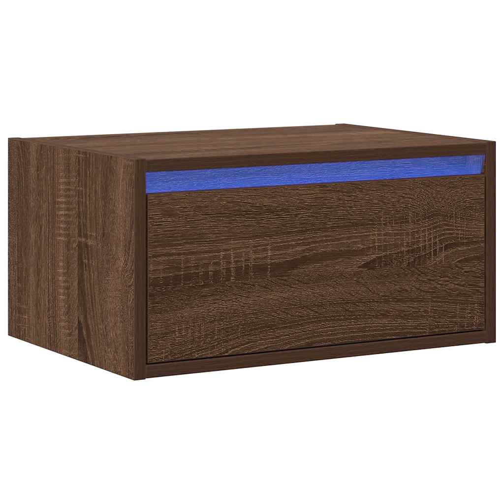 Wall-mounted bedside table with LED lights brown oak look