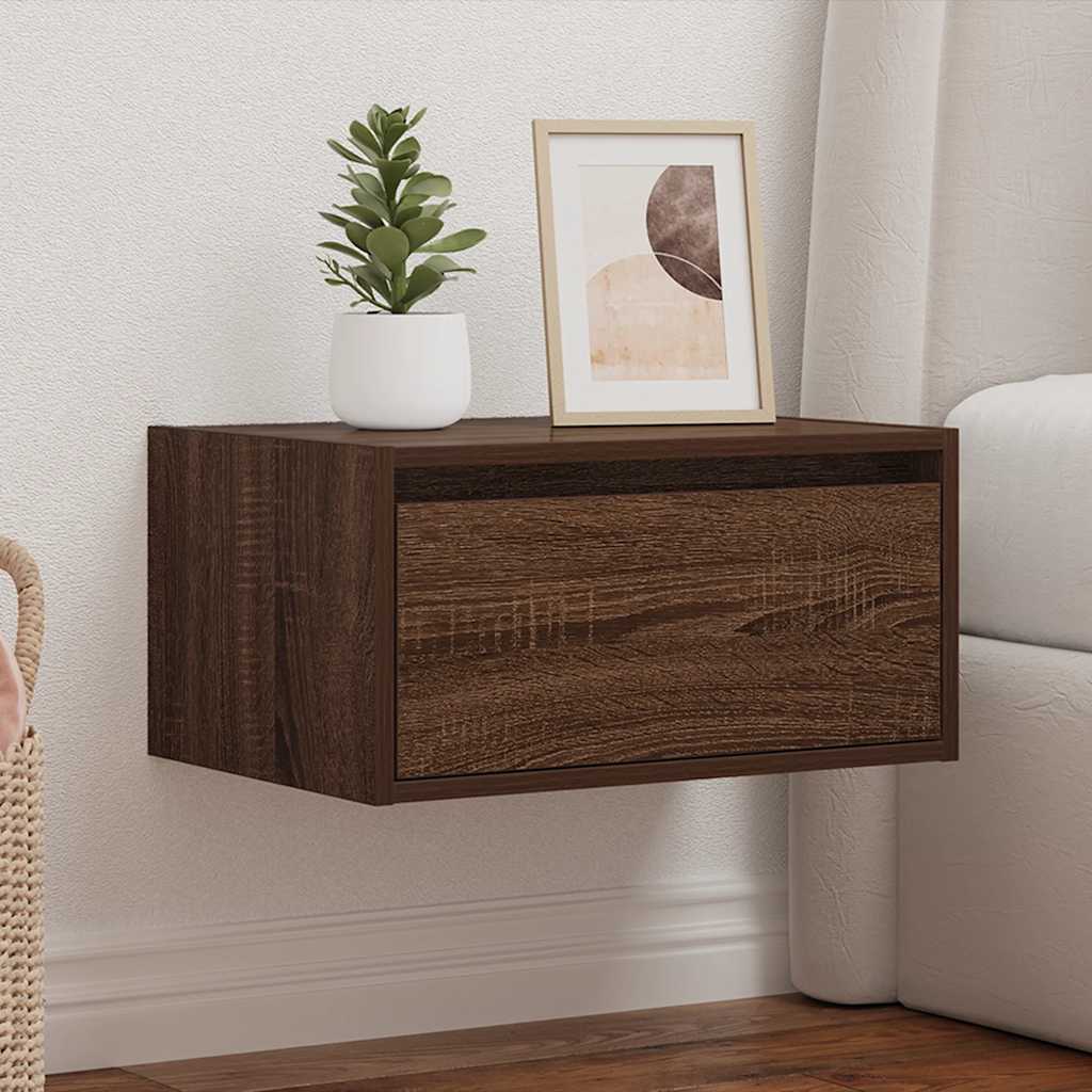 Wall-mounted bedside table with LED lights brown oak look