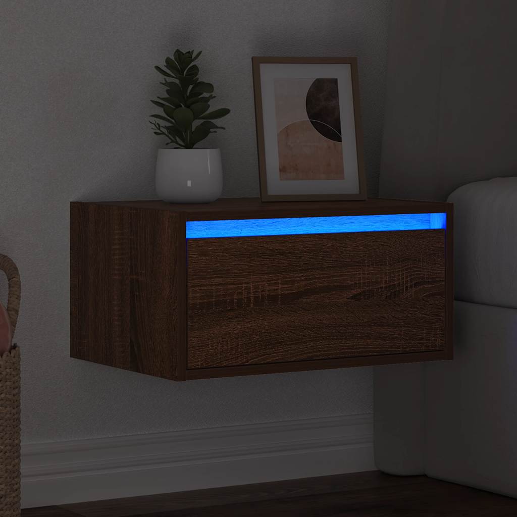 Wall-mounted bedside table with LED lights brown oak look