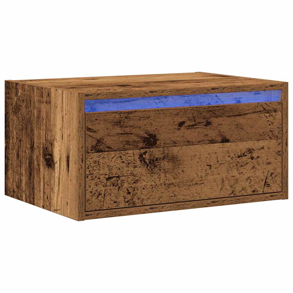 Wall-mounted bedside table with LED lights in reclaimed wood look
