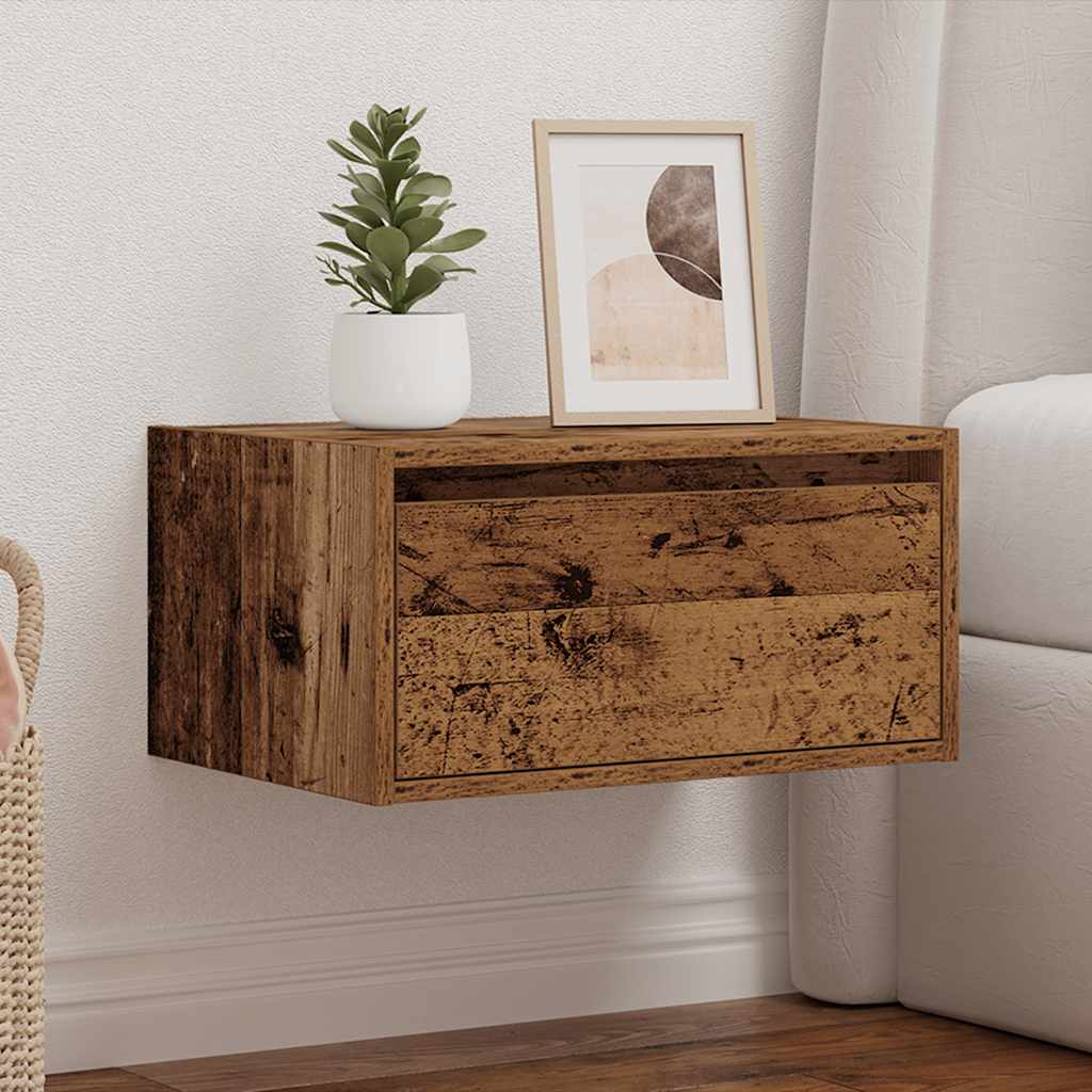 Wall-mounted bedside table with LED lights in reclaimed wood look