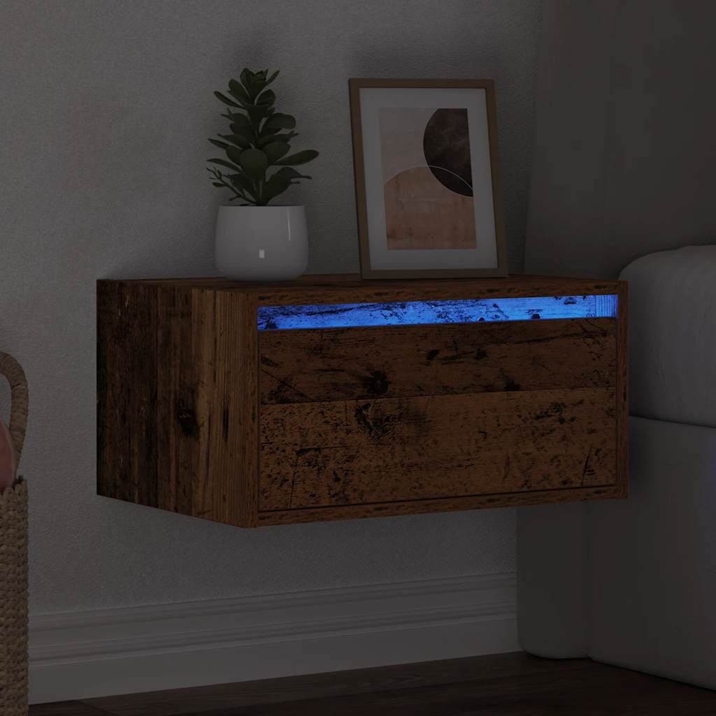 Wall-mounted bedside table with LED lights in reclaimed wood look