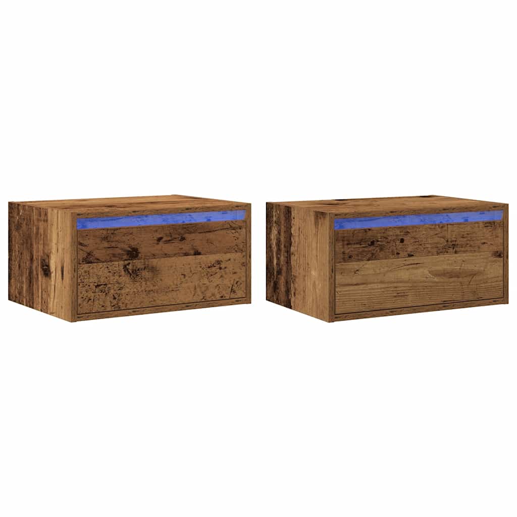 Wall-mounted bedside tables with LED lights (2 pieces) in reclaimed wood look