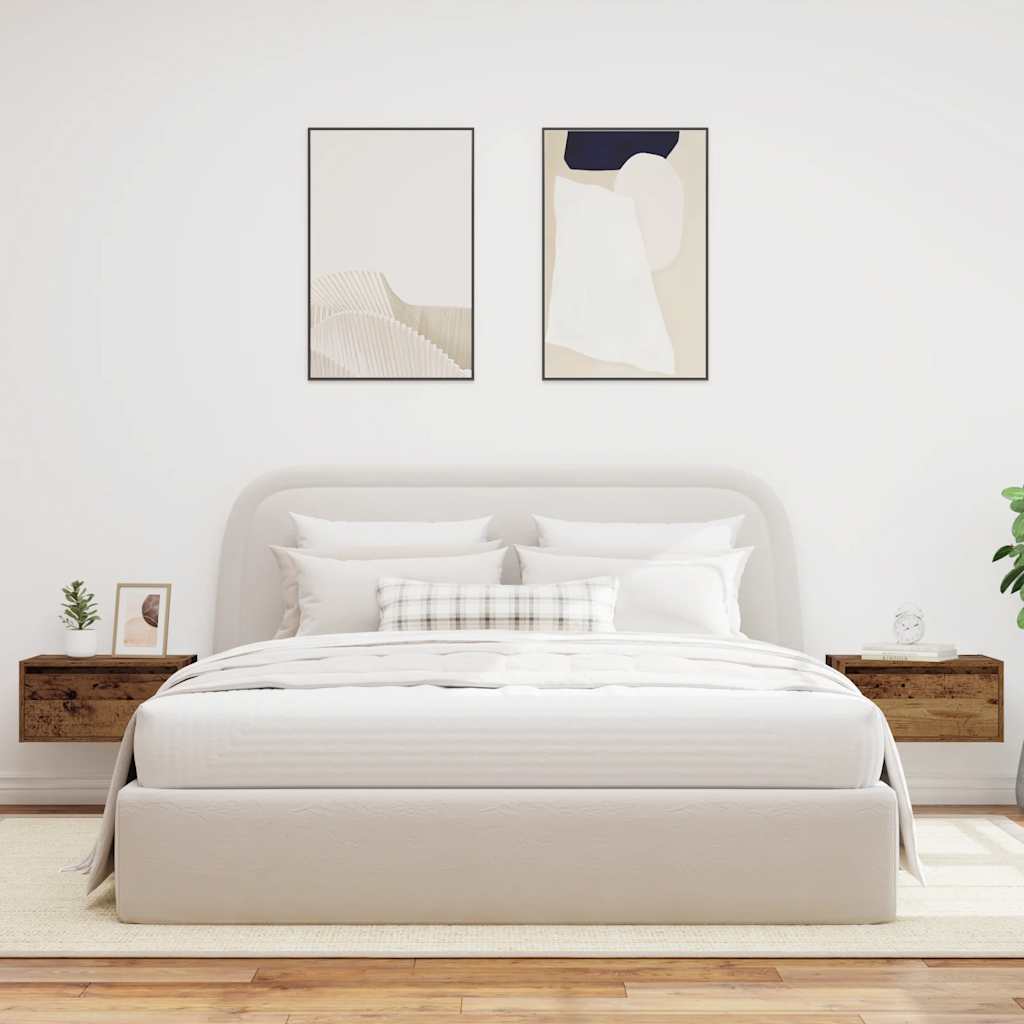 Wall-mounted bedside tables with LED lights (2 pieces) in reclaimed wood look
