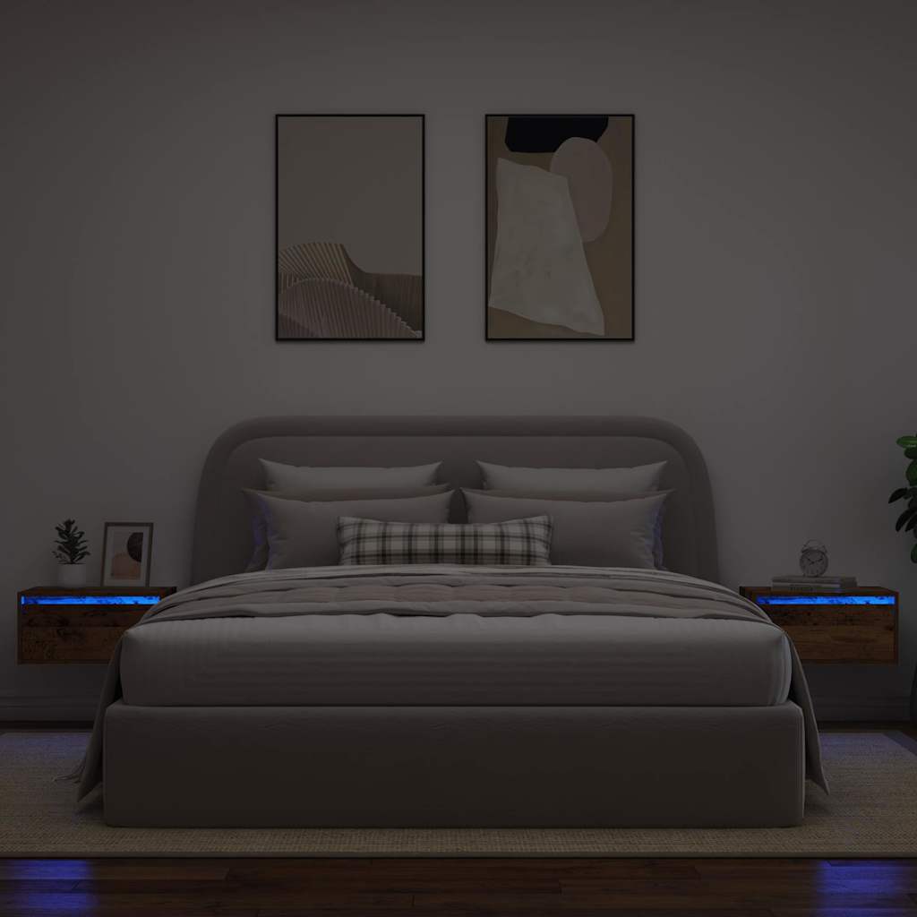 Wall-mounted bedside tables with LED lights (2 pieces) in reclaimed wood look