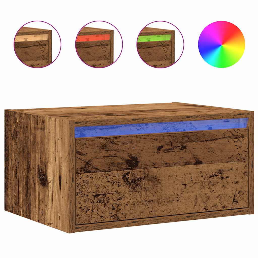 Wall-mounted bedside tables with LED lights (2 pieces) in reclaimed wood look