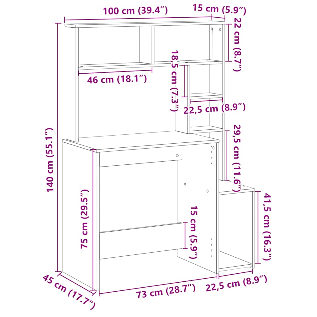 Bureau avec étagère en chêne fumé 100x45x140 cm matériau bois