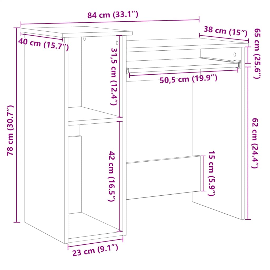 Desk with shelf brown oak look 84x40x78 cm