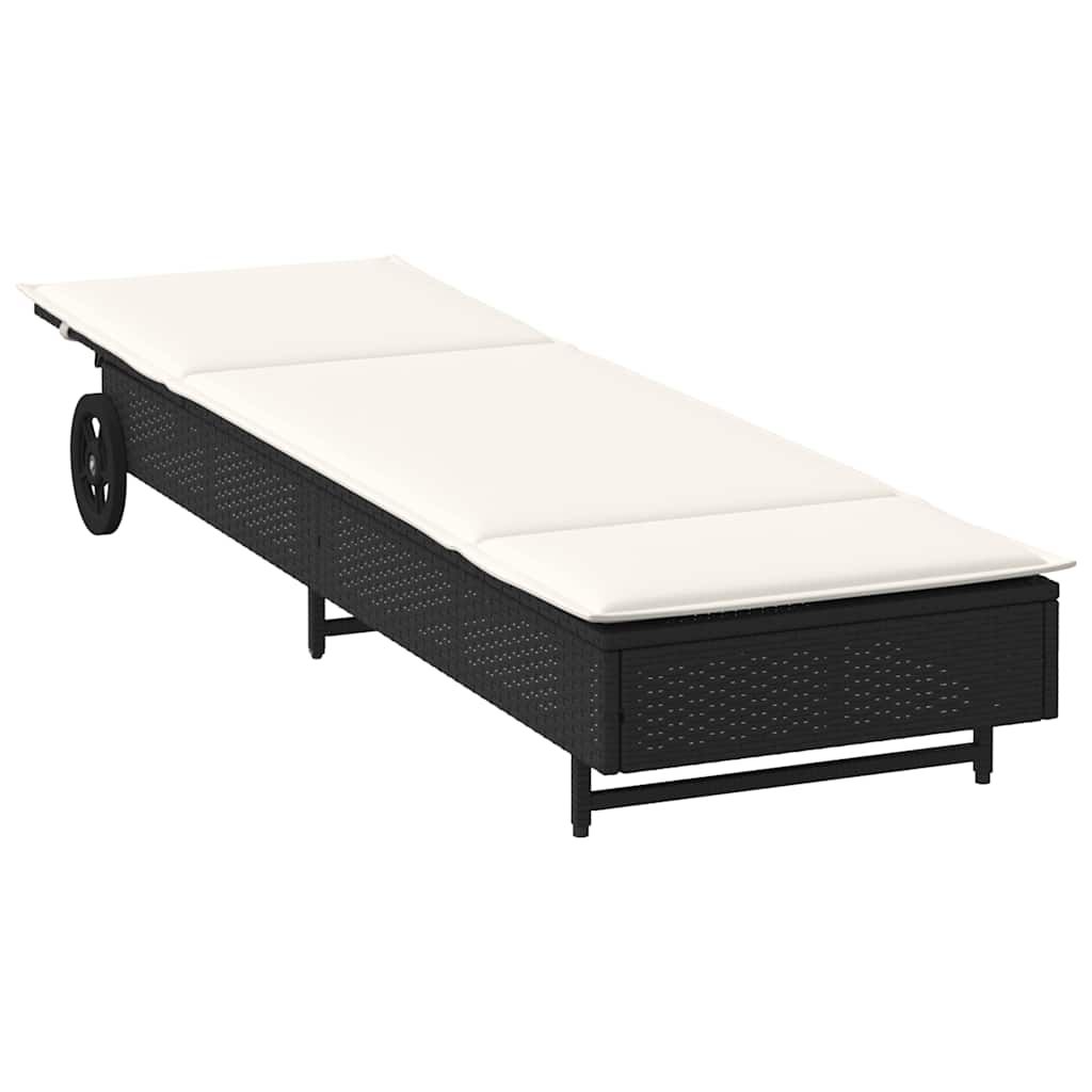 Bain de soleil à roulettes et coussin en polyrotin noir