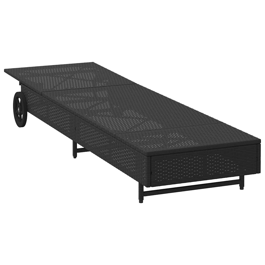 Bain de soleil à roulettes et coussin en polyrotin noir