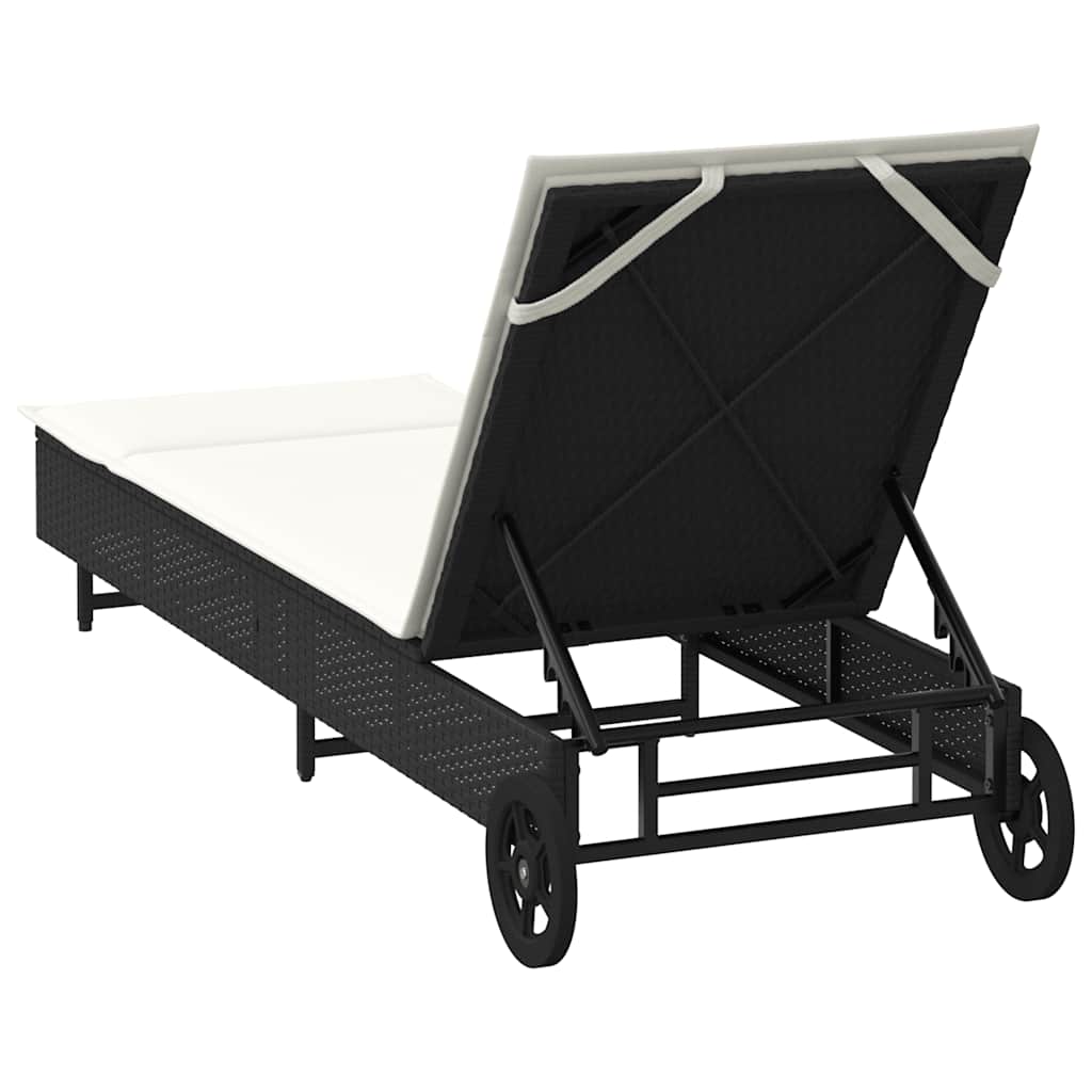 Bain de soleil à roulettes et coussin en polyrotin noir
