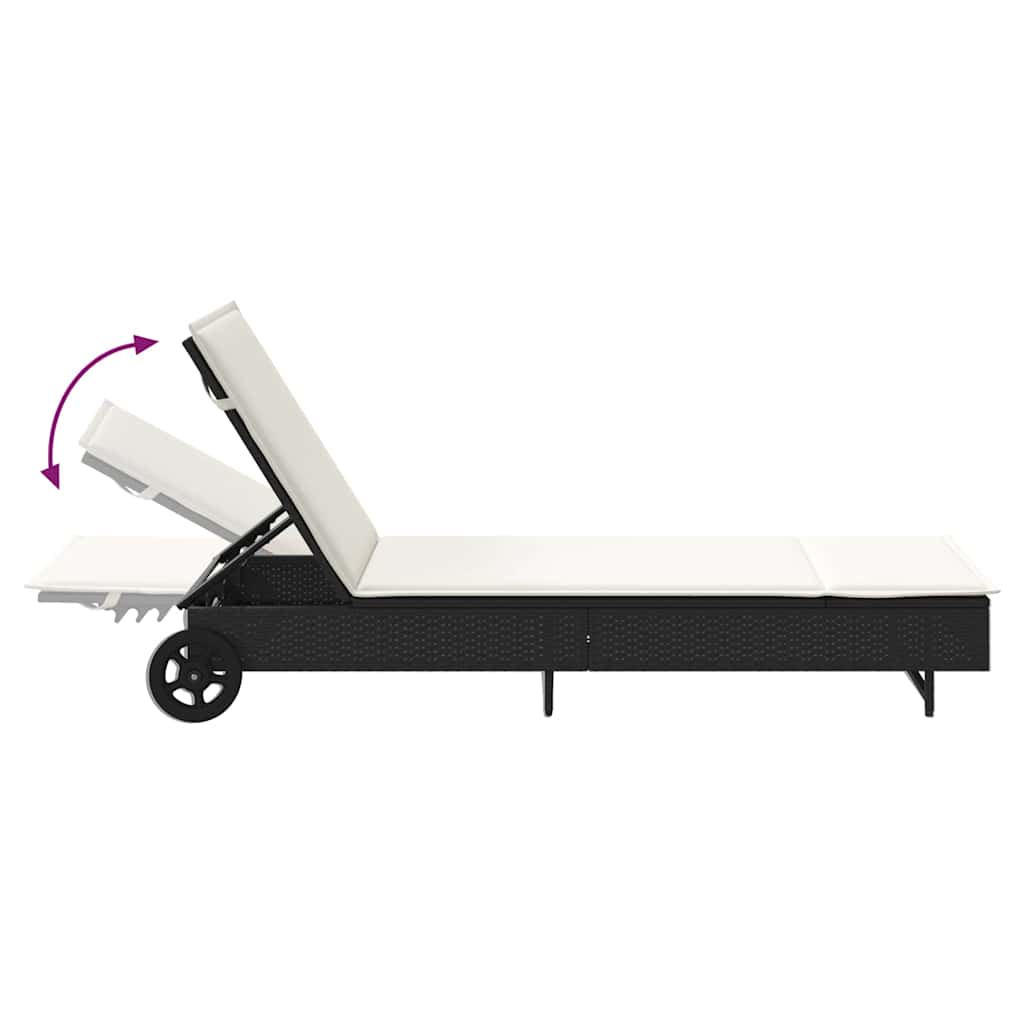 Bain de soleil à roulettes et coussin en polyrotin noir