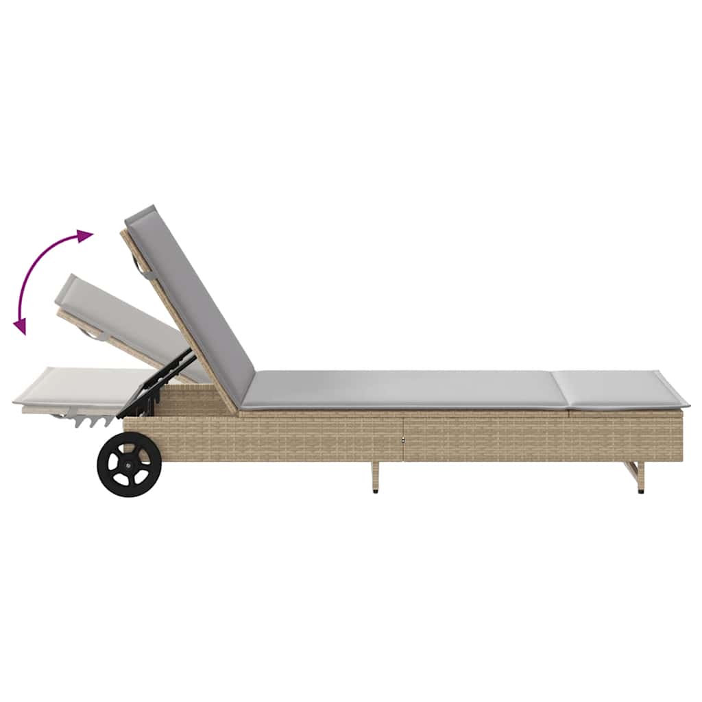 Bain de soleil à roulettes et coussin en polyrotin beige
