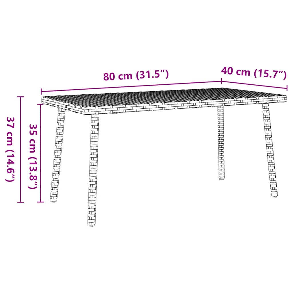 Table basse de jardin rectangulaire grise 80 x 40 x 37 cm en résine tressée