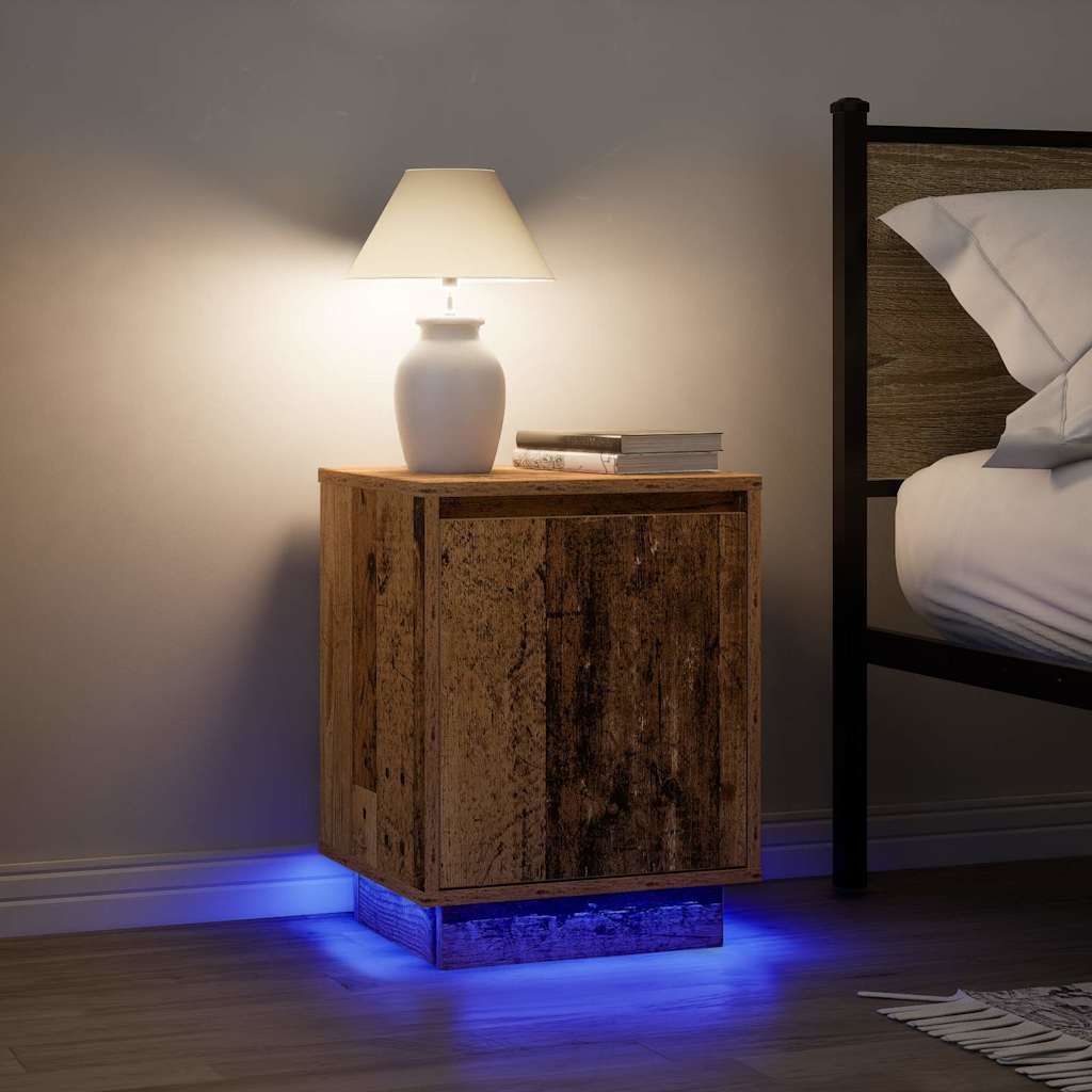 Bedside table with LED lights, reclaimed wood look, 38x34x50 cm