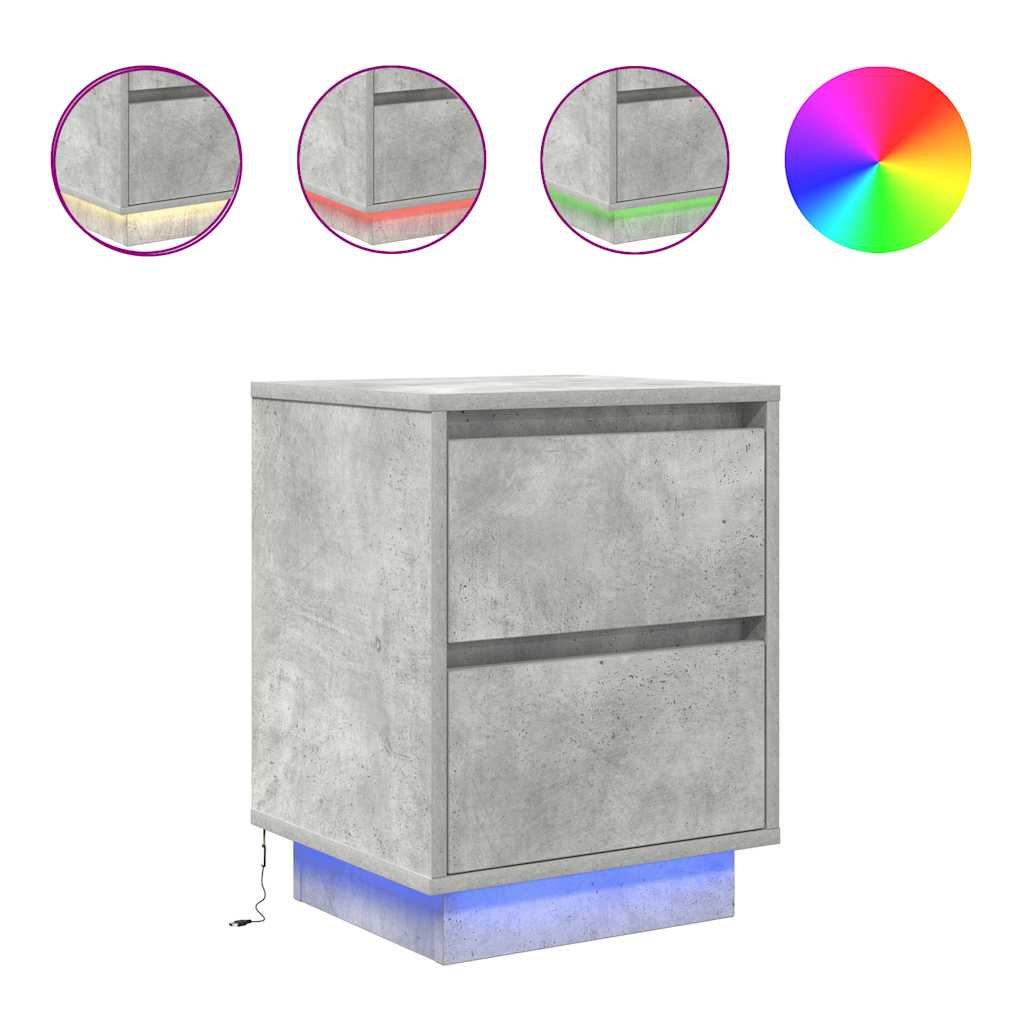 Bedside table with LED lights, concrete grey, 38 x 34 x 50 cm