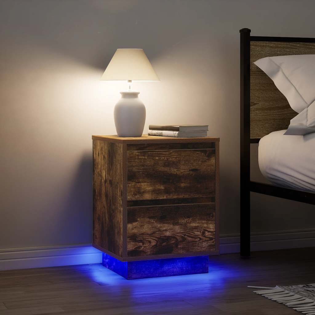 Bedside table with LED lights smoked oak 38x34x50 cm