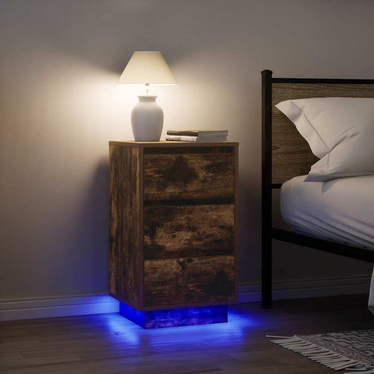 Table de chevet avec lumières LED en chêne fumé 38x34x65 cm