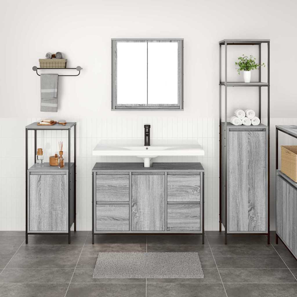 Badezimmermöbel Set mit Regal 3 pcs Grau Sonoma und Schwarz