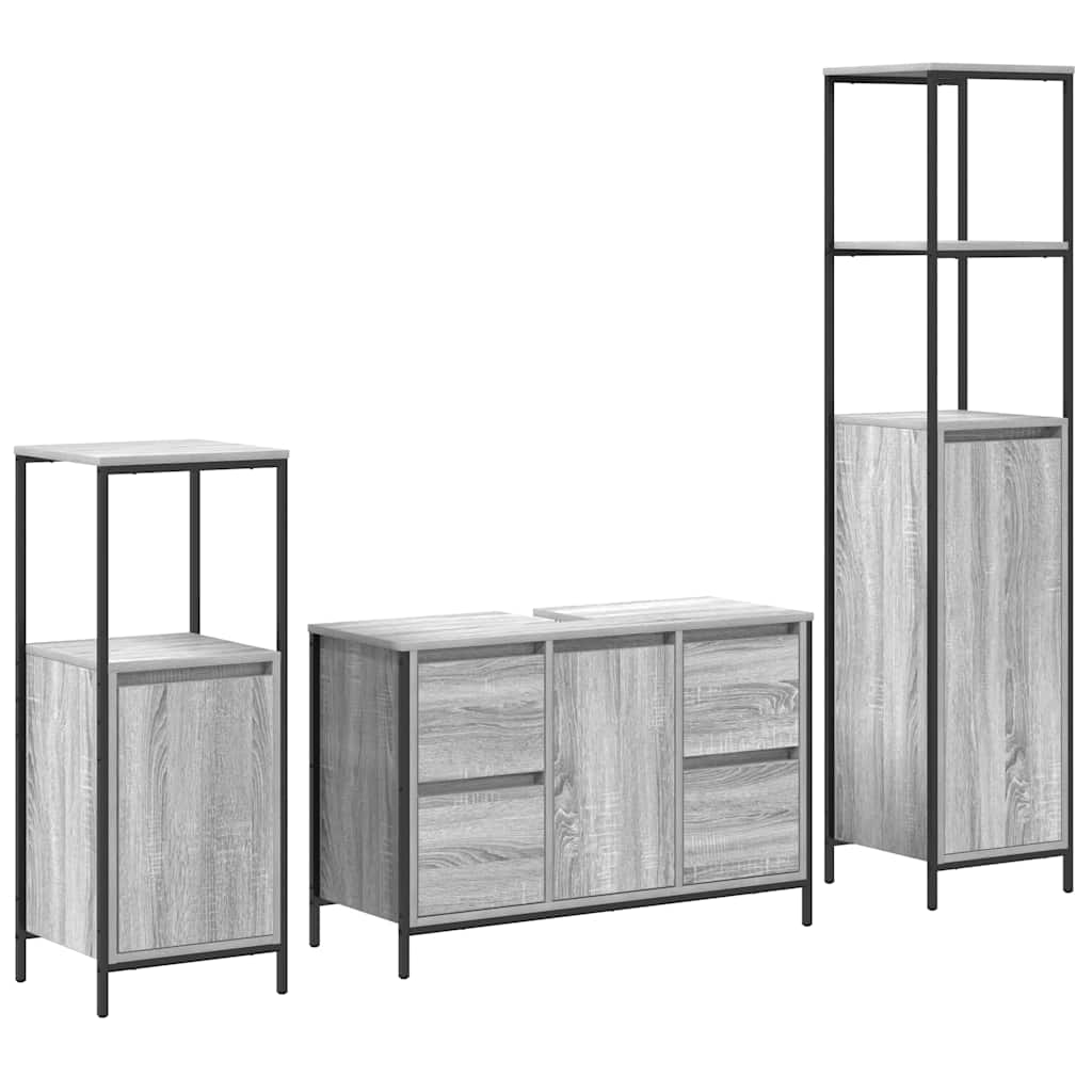 Badezimmermöbel Set mit Regal 3 pcs Grau Sonoma und Schwarz