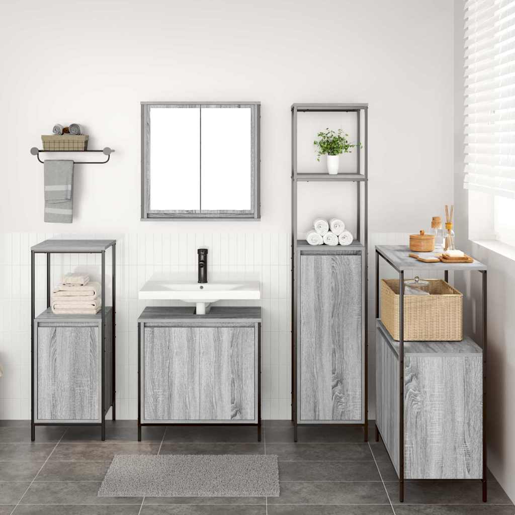 Badezimmermöbel Set mit Regal 5 pcs Grau Sonoma und Schwarz
