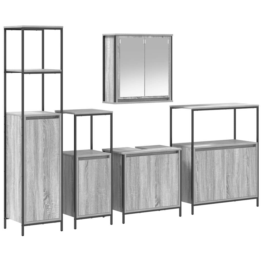 Badezimmermöbel Set mit Regal 5 pcs Grau Sonoma und Schwarz