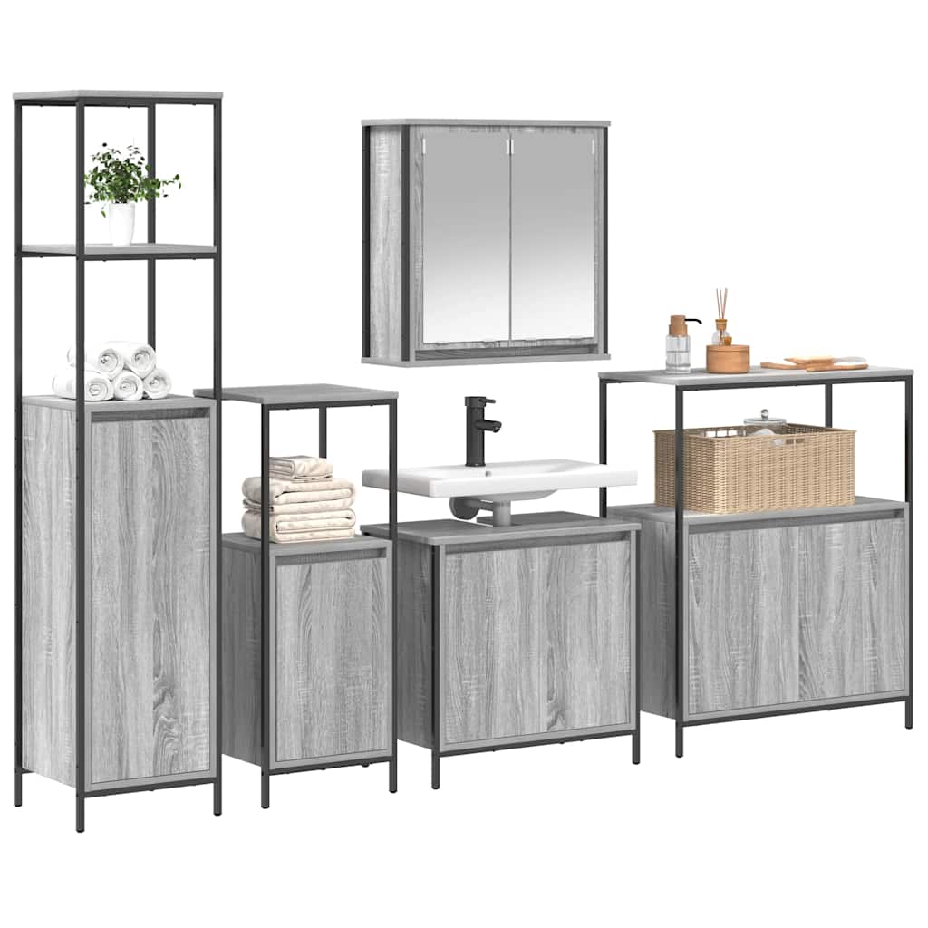Badezimmermöbel Set mit Regal 5 pcs Grau Sonoma und Schwarz