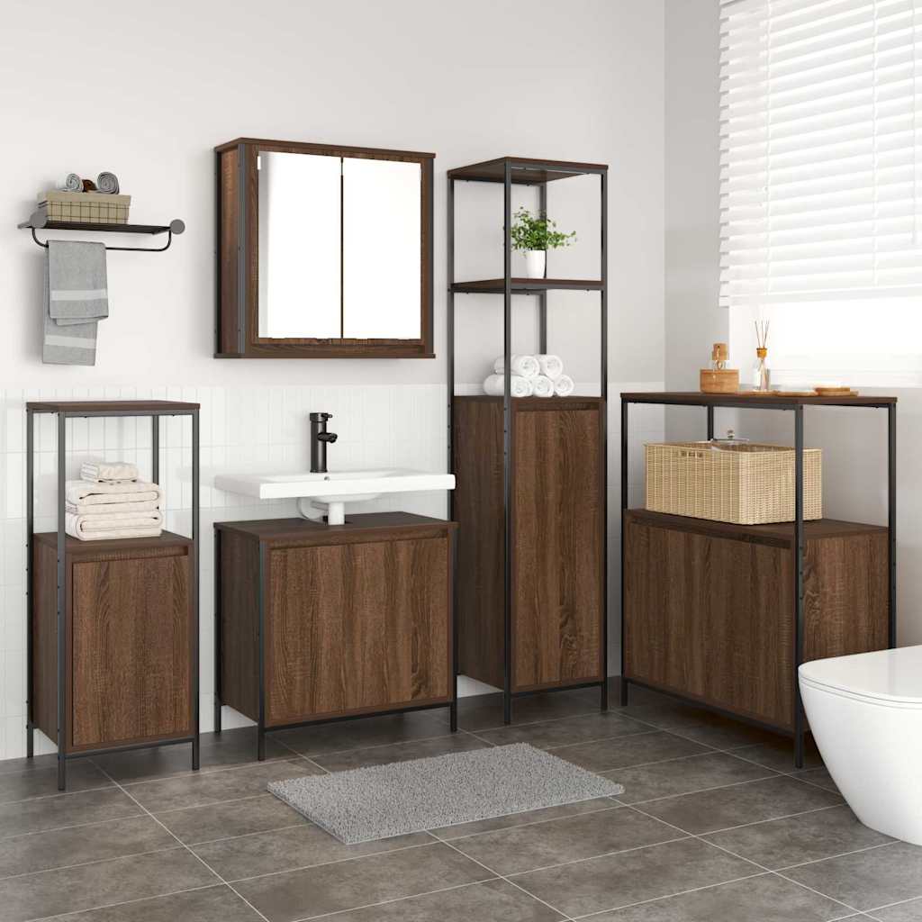 Badezimmermöbel Set mit Regal 5 pcs Braun Eiche und Schwarz