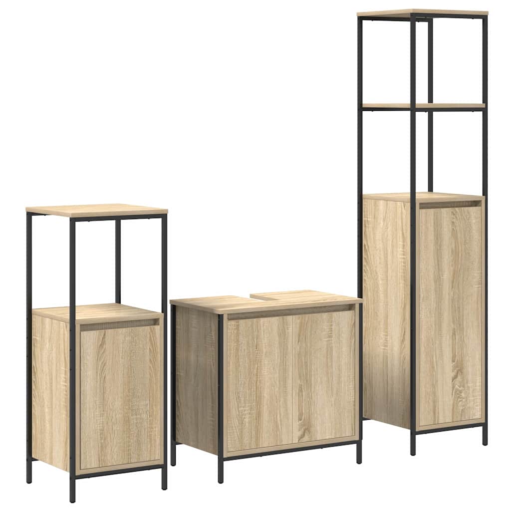 Badezimmermöbel Set mit Regal 3 pcs Sonoma-Eiche und Schwarz