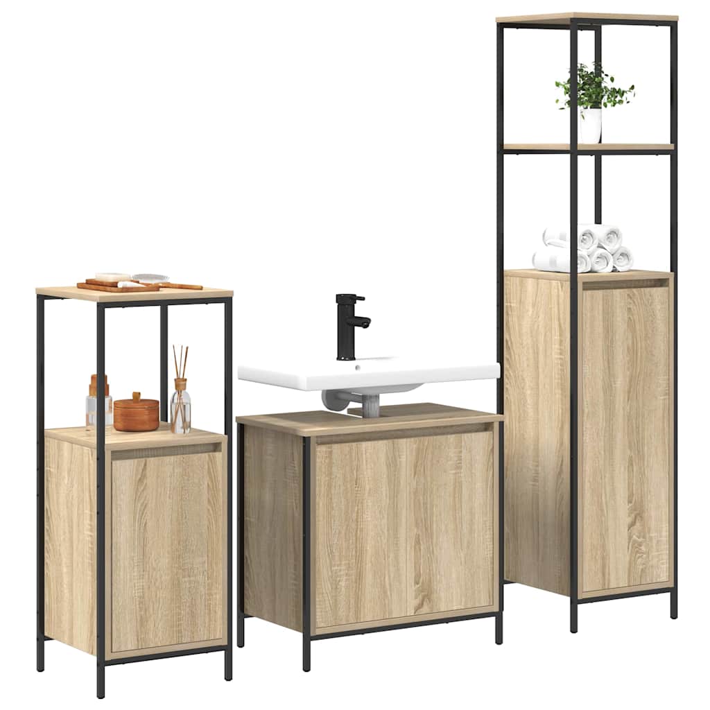 Badezimmermöbel Set mit Regal 3 pcs Sonoma-Eiche und Schwarz