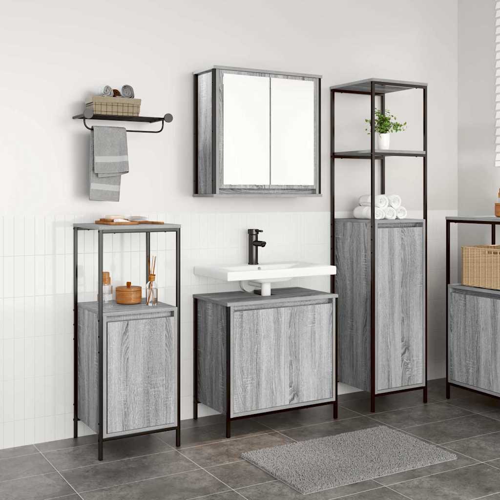 Badezimmermöbel Set mit Regal 3 pcs Grau Sonoma und Schwarz