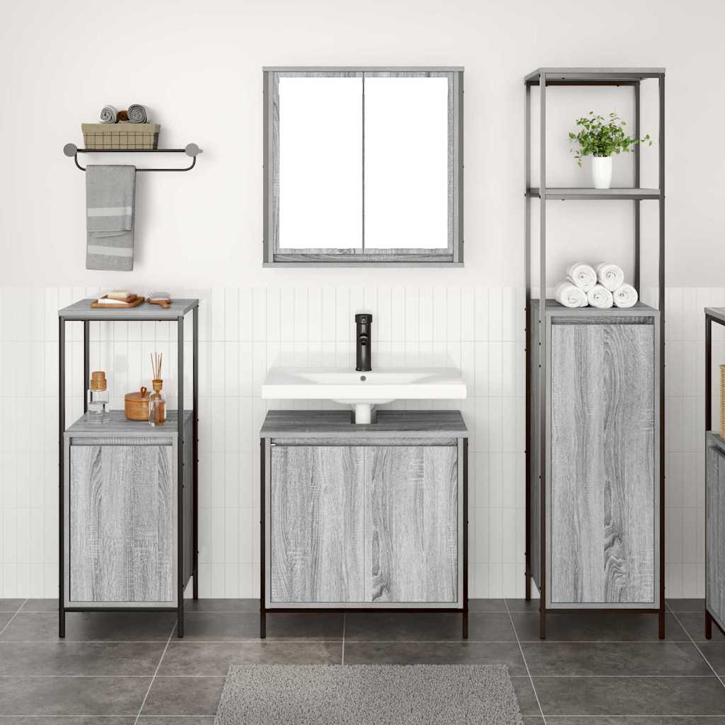 Badezimmermöbel Set mit Regal 3 pcs Grau Sonoma und Schwarz