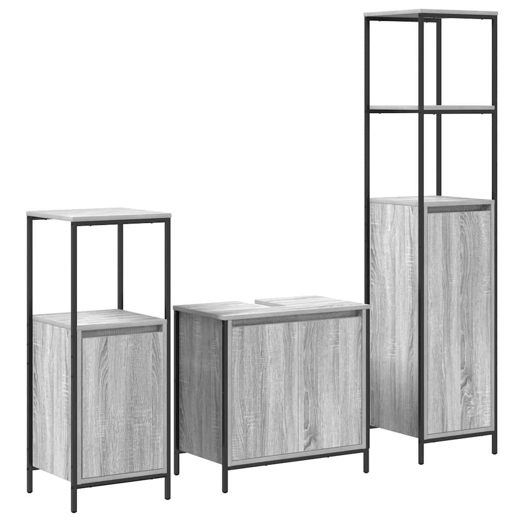 Badezimmermöbel Set mit Regal 3 pcs Grau Sonoma und Schwarz
