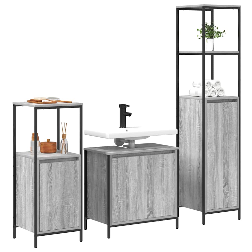 Badezimmermöbel Set mit Regal 3 pcs Grau Sonoma und Schwarz