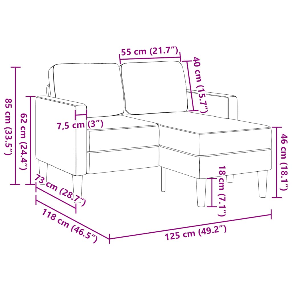 Canapé 2 places avec méridienne en L gris foncé 125 cm cuir artificiel