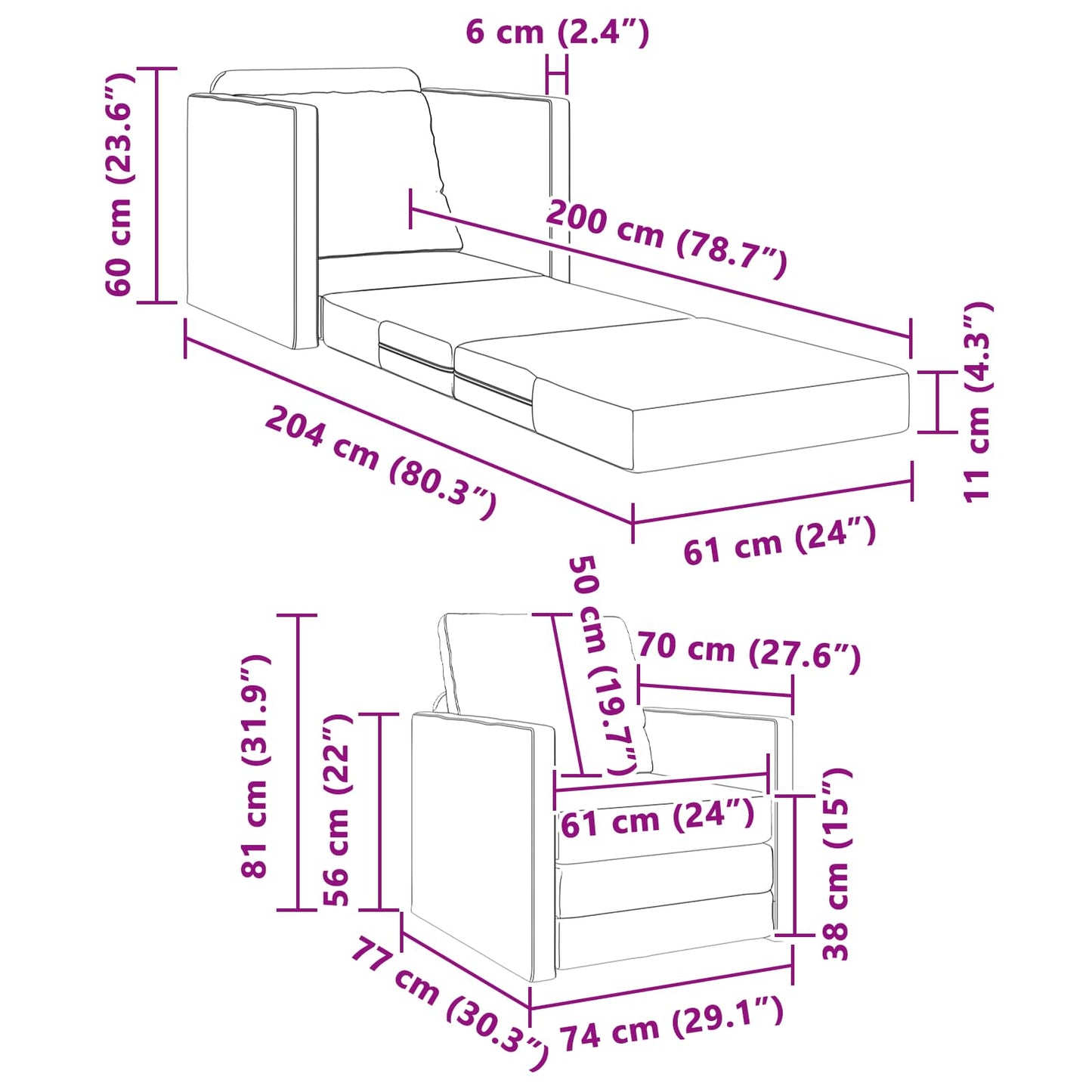 Schlafsofa Wolkengrau 74 x 77 x 81 cm Stoff