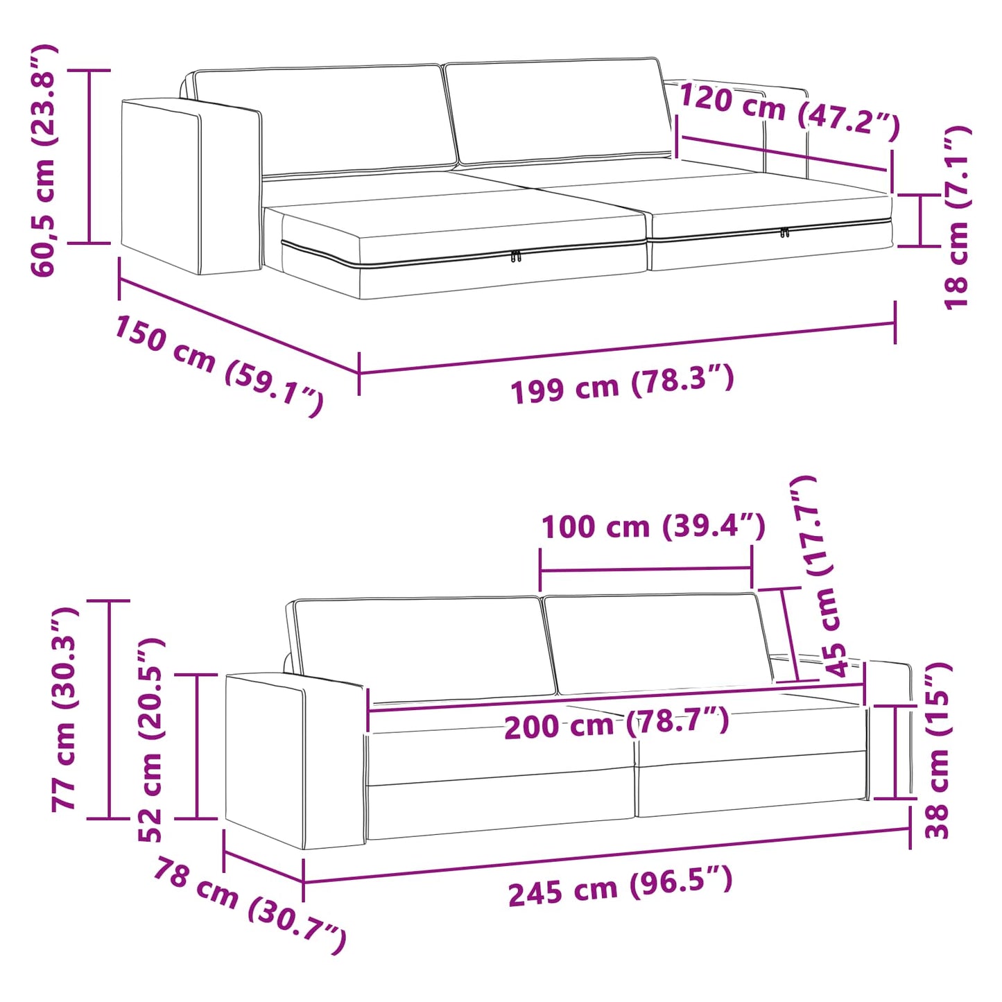 Schlafsofa Taupe 245 x 78 x 77 cm Stoff
