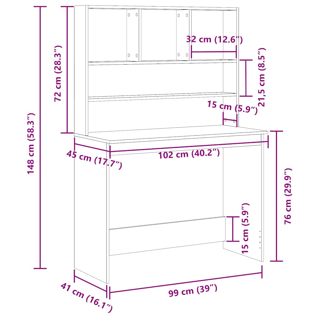 Bureau avec étagères aspect chêne noir 102x45x148 cm