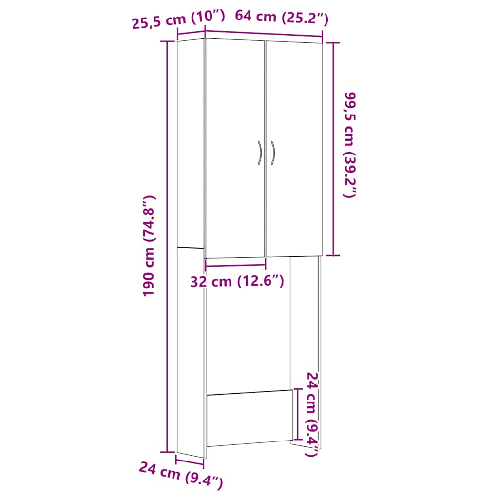 Waschmaschinenschrank Schwarz Eichen-Optik 64x25,5x190 cm