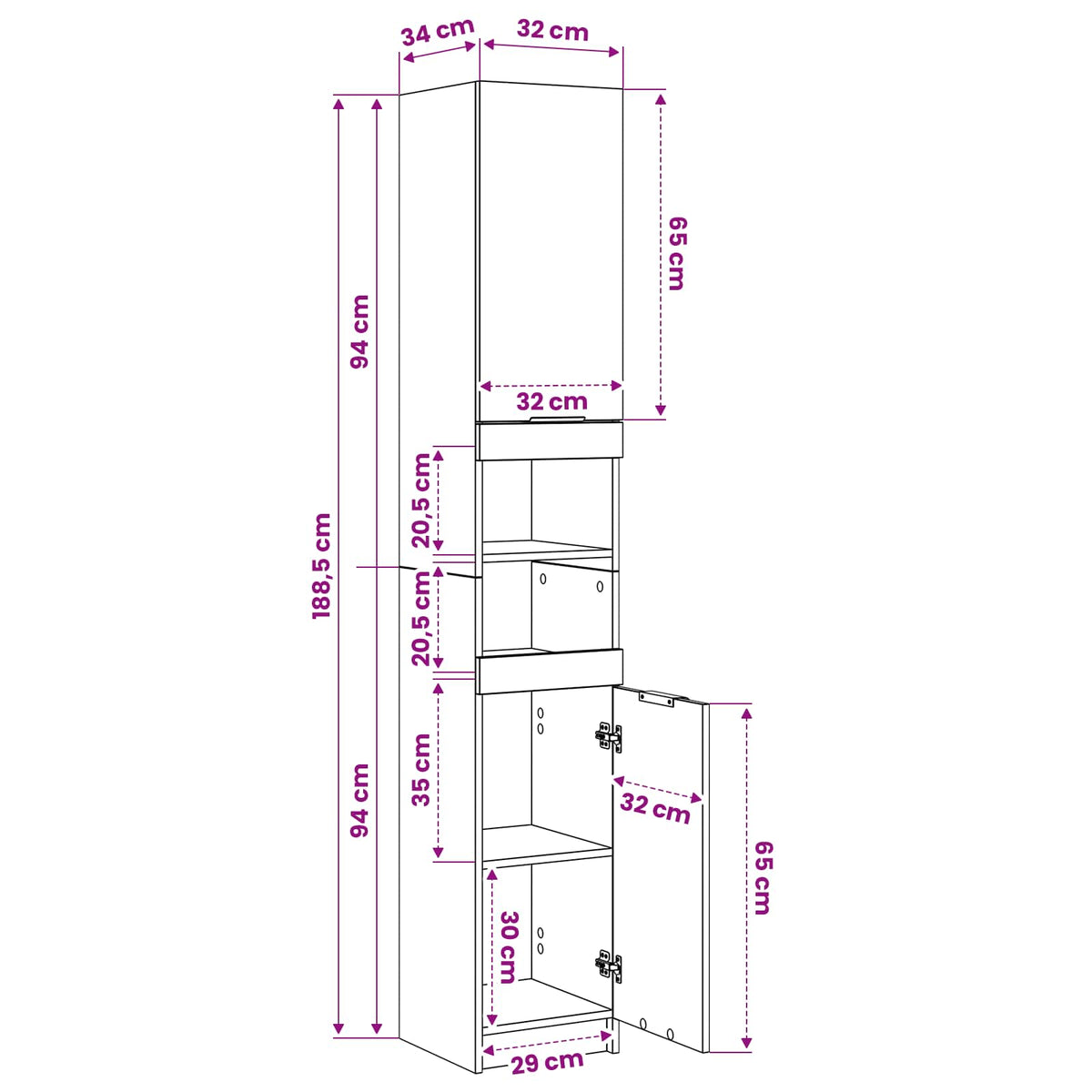 Badezimmerschrank Schwarz Eichen-Optik 32 x 34 x 188,5 cm