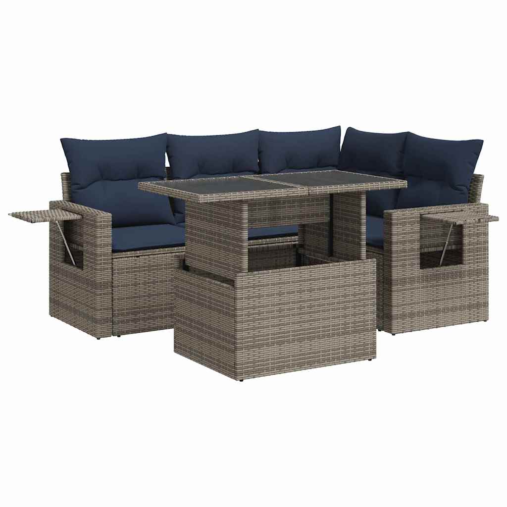 5tlg. Garten-Sofagarnitur mit Kissen Grau Poly Rattan Akazie