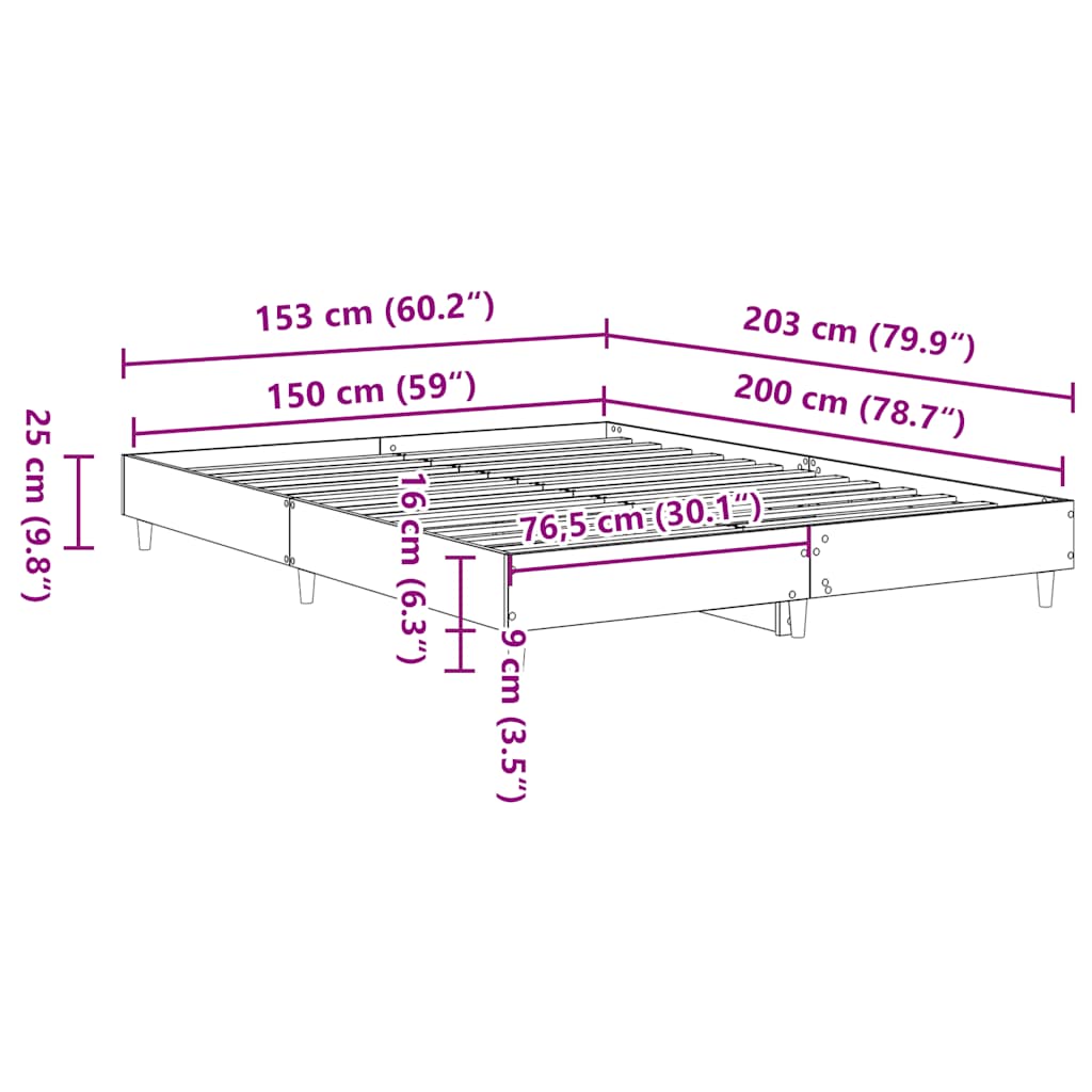 Bettgestell ohne Matratze Grau Sonoma 150x200 cm Holzwerkstoff
