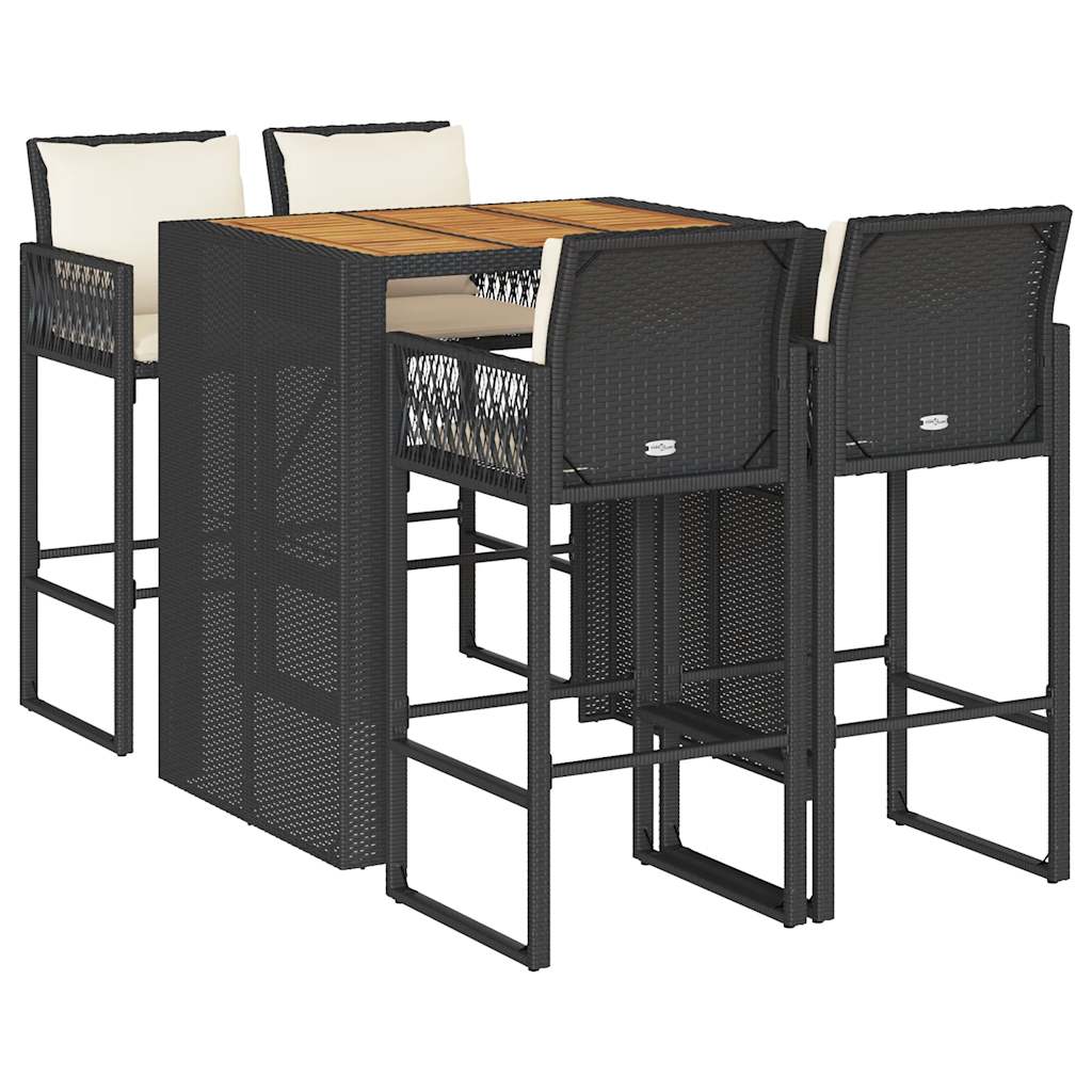 5-tlg. Gartenbar-Set mit Kissen Schwarz Poly Rattan Akazie